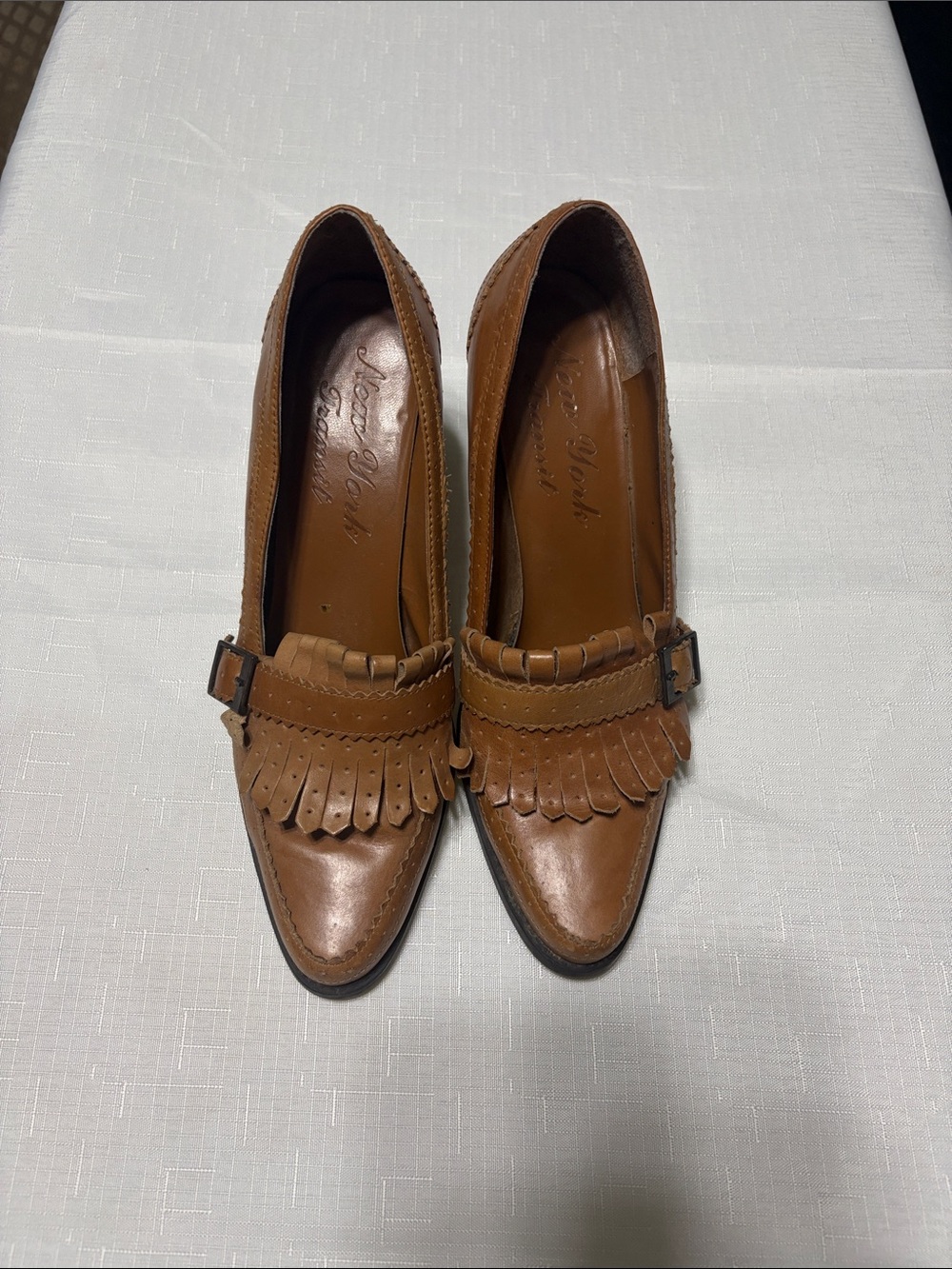 New York Transit Tan Kiltie Fringe Buckle Loafer Heels